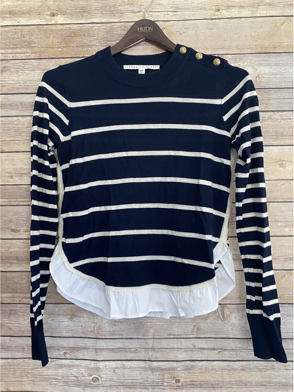 Veronica Beard Ollie Navy White Stripe Ruffle Hem Wool Pullover Sweater